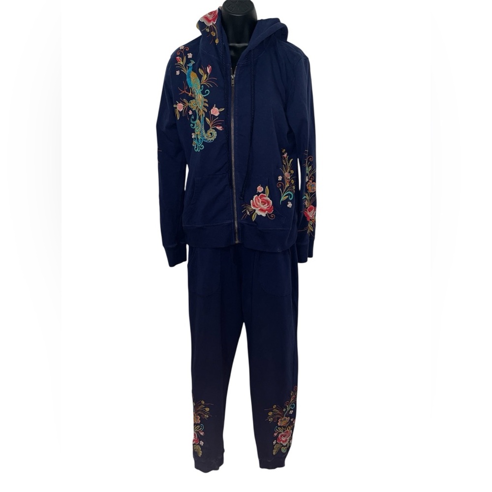 Johnny Was Navy Cotton Embroidered Floral Zipped Hooded Jacket and Jogger Set